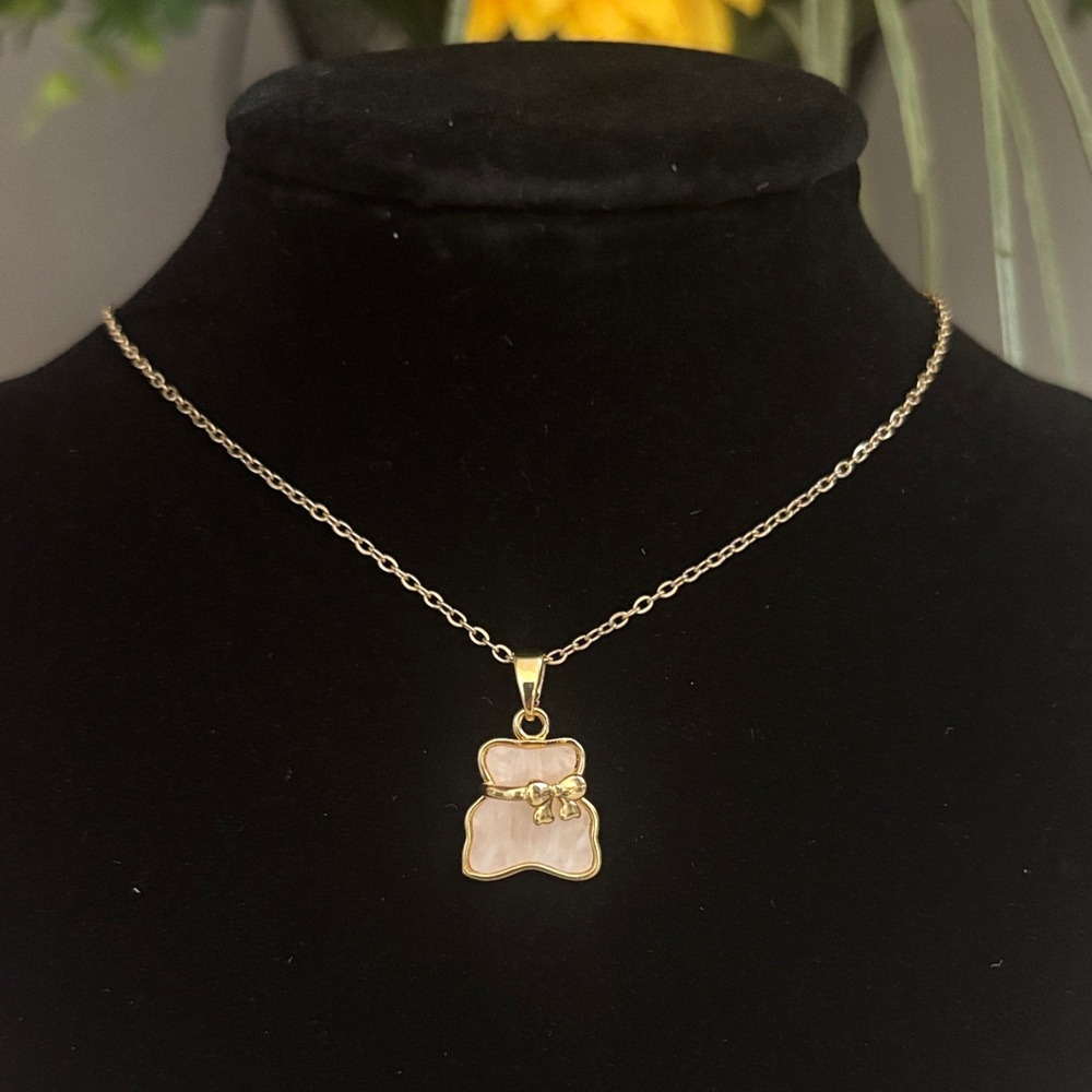 Stainless Steel Gold Chain Necklace with Pink Stone Bear Pendant